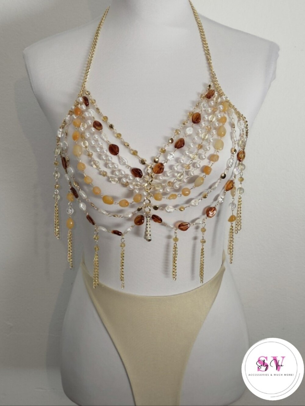Orange & Brown Beaded Cover Up Gold Body Chain